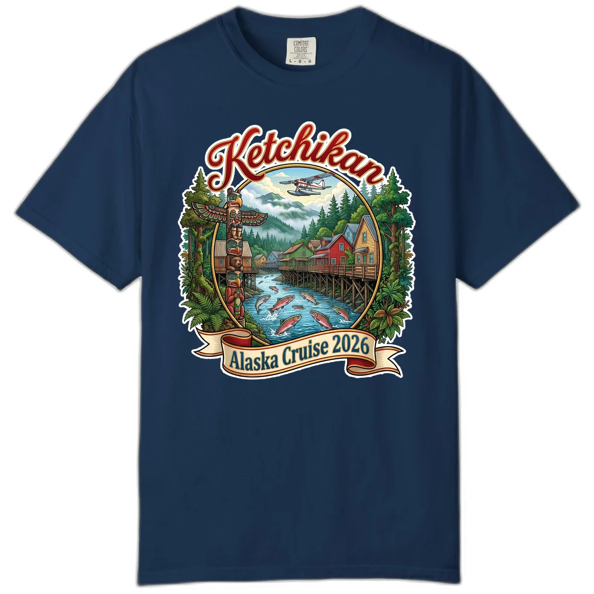 Ketchikan Alaska Cruise 2026 Scenic Illustration Comfort Color T-Shirt in Navy