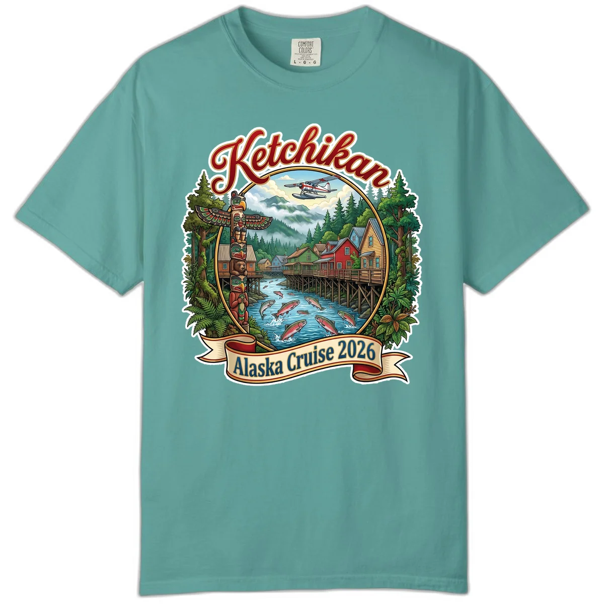 Ketchikan Alaska Cruise 2026 Scenic Illustration Comfort Color T-Shirt in Seafoam