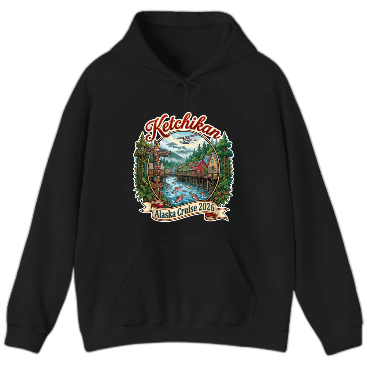 Ketchikan Alaska Cruise 2026 Scenic Illustration Hoodie in Black