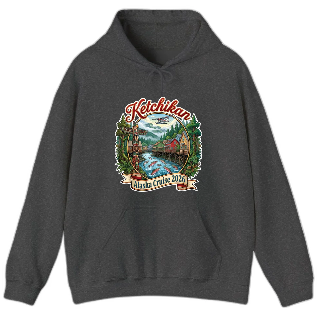 Ketchikan Alaska Cruise 2026 Scenic Illustration Hoodie in Dark Heather