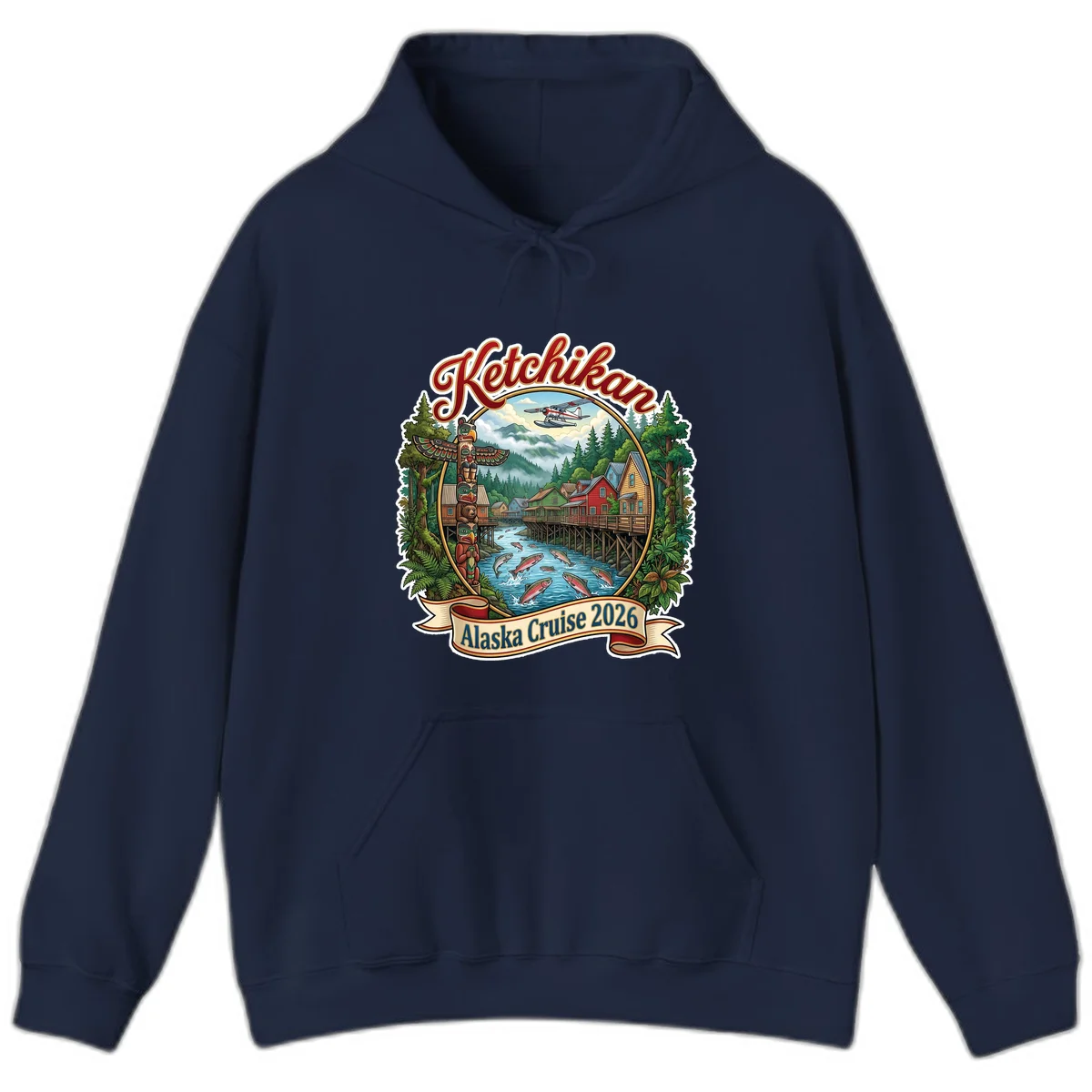 Ketchikan Alaska Cruise 2026 Scenic Illustration Hoodie in Navy