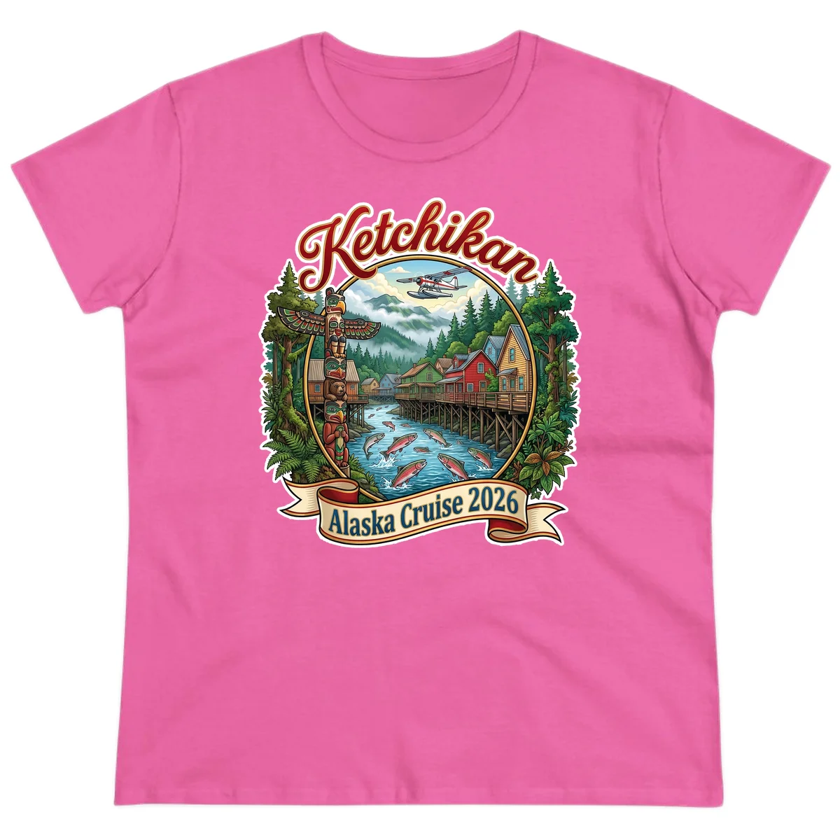 Ketchikan Alaska Cruise 2026 Scenic Illustration Ladies Tee in Azalea
