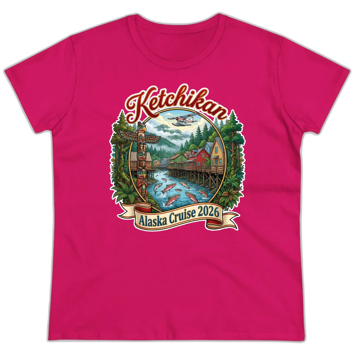 Ketchikan Alaska Cruise 2026 Scenic Illustration Ladies Tee in Heliconia