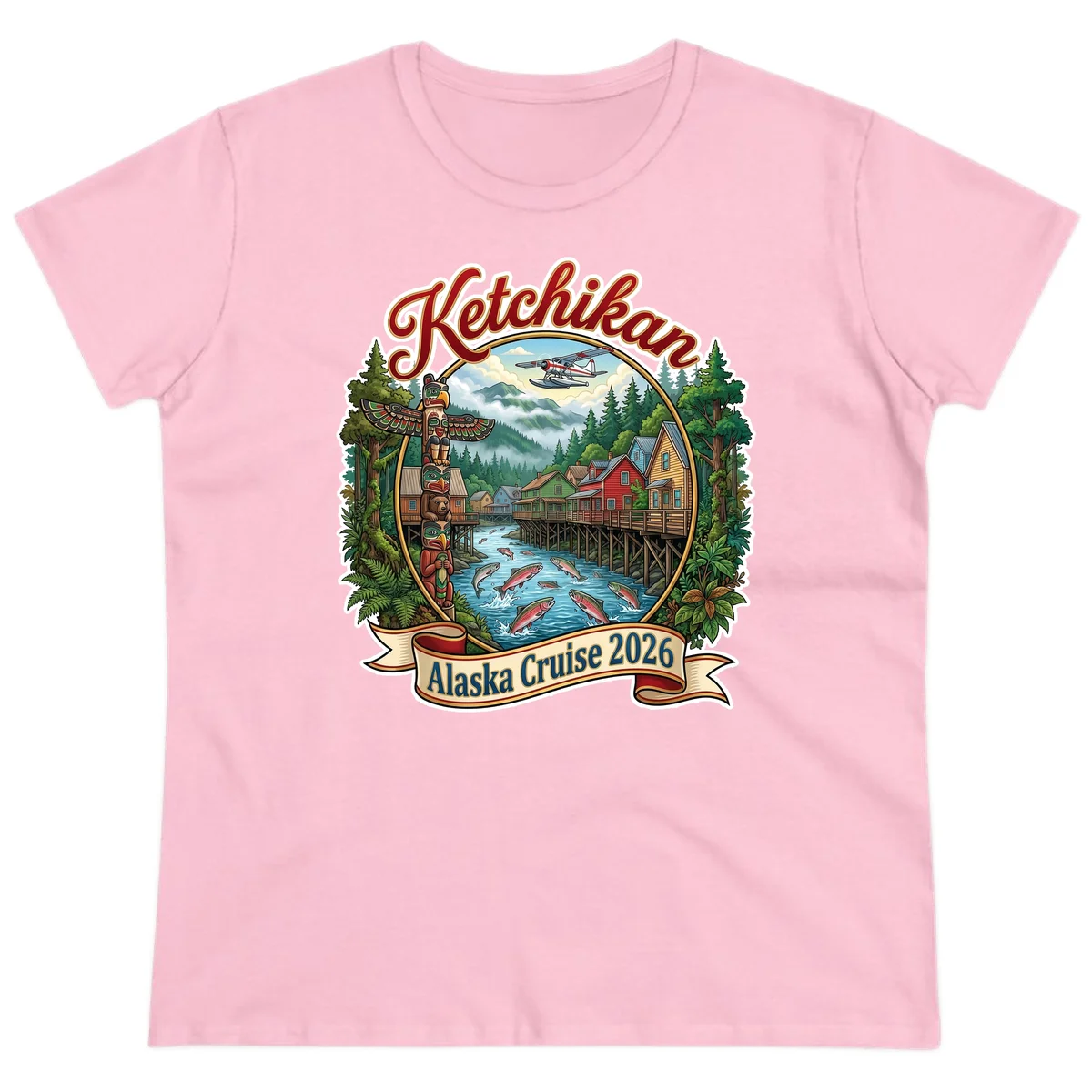 Ketchikan Alaska Cruise 2026 Scenic Illustration Ladies Tee in Light Pink