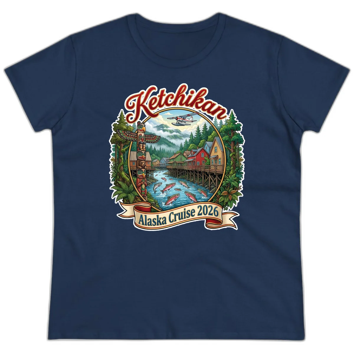 Ketchikan Alaska Cruise 2026 Scenic Illustration Ladies Tee in Navy