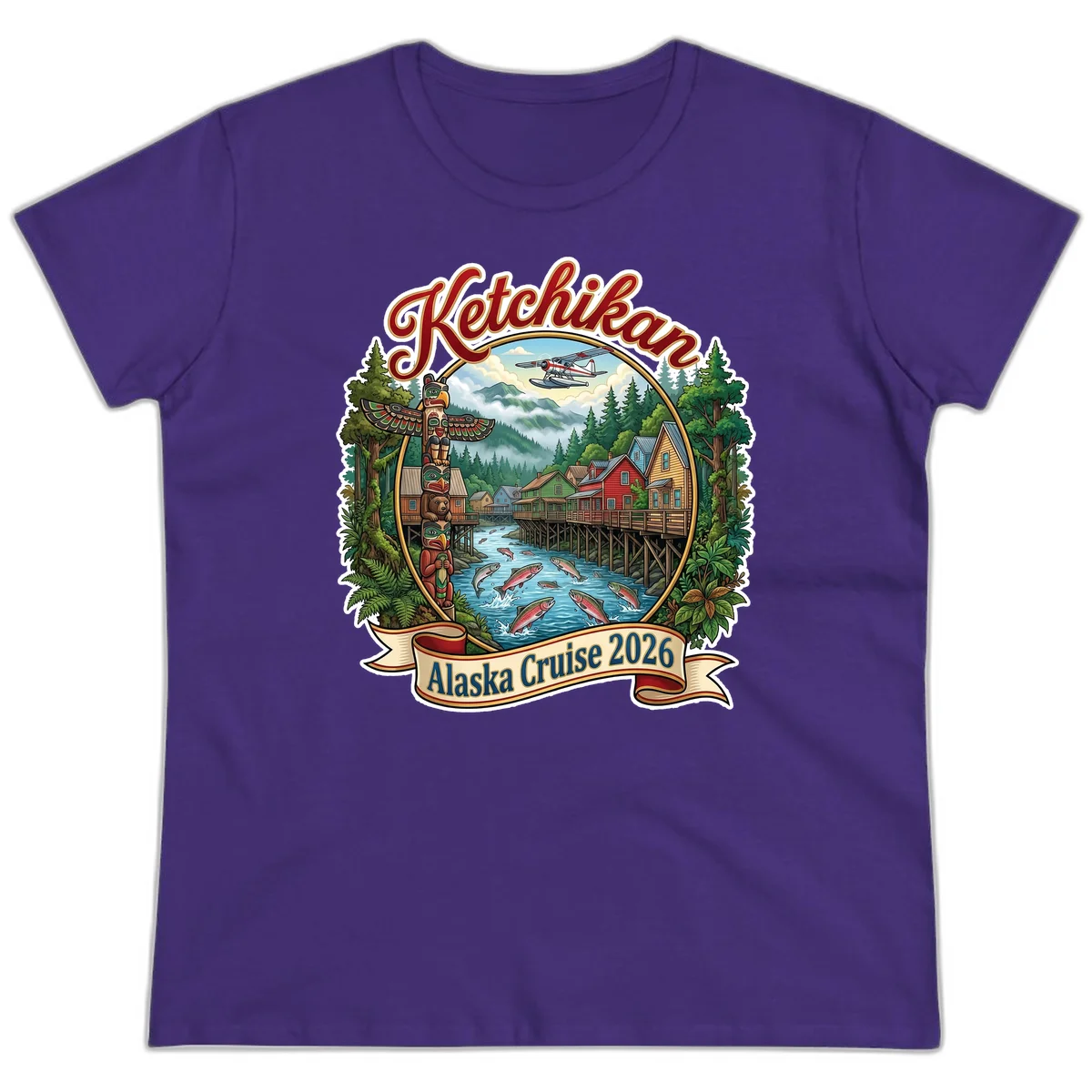 Ketchikan Alaska Cruise 2026 Scenic Illustration Ladies Tee in Purple