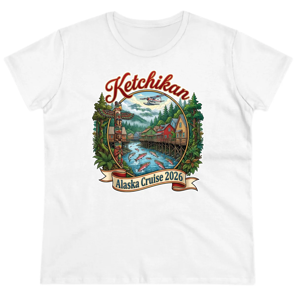 Ketchikan Alaska Cruise 2026 Scenic Illustration Ladies Tee in White