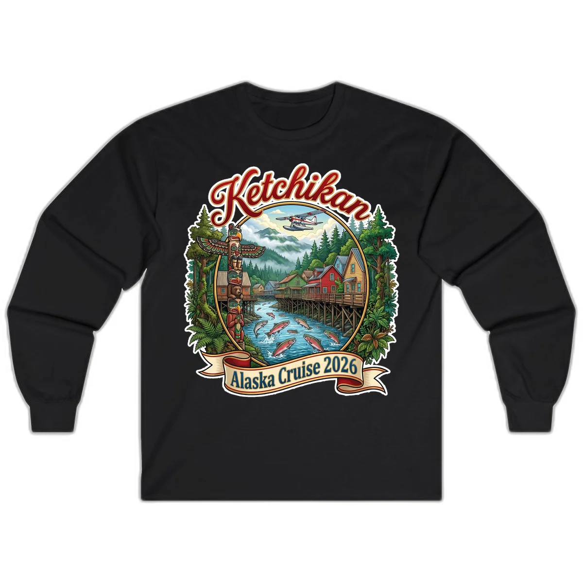 Ketchikan Alaska Cruise 2026 Scenic Illustration Long Sleeve in Black