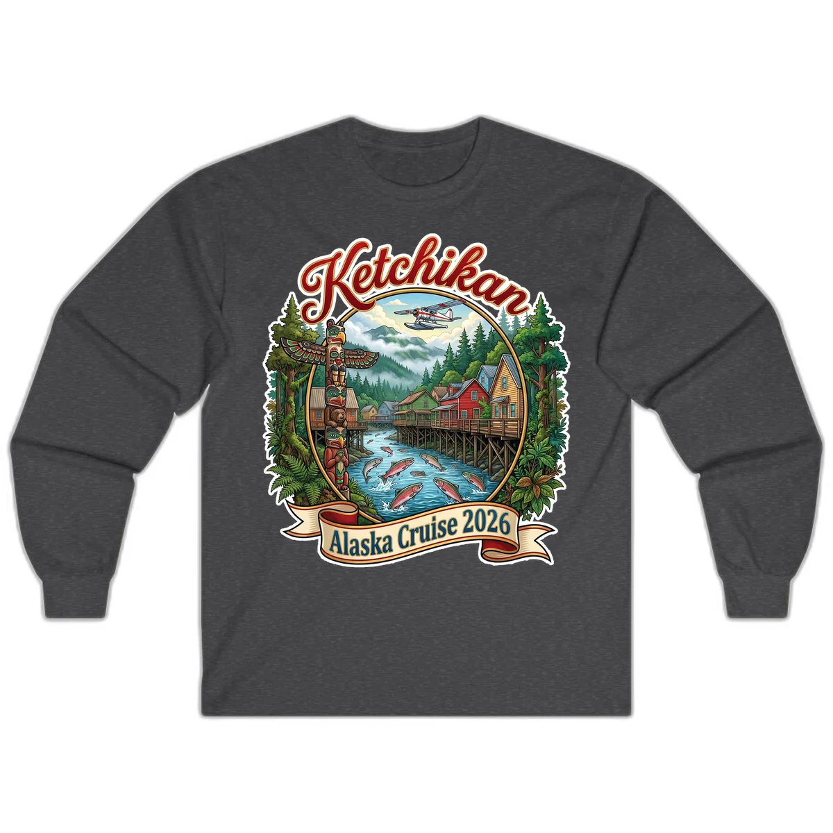 Ketchikan Alaska Cruise 2026 Scenic Illustration Long Sleeve in Dark Heather