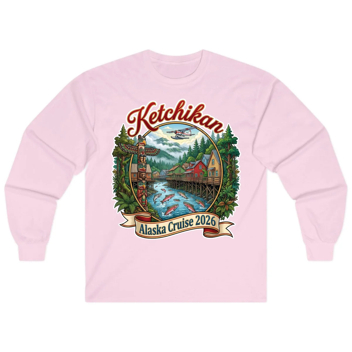 Ketchikan Alaska Cruise 2026 Scenic Illustration Long Sleeve in Light Pink