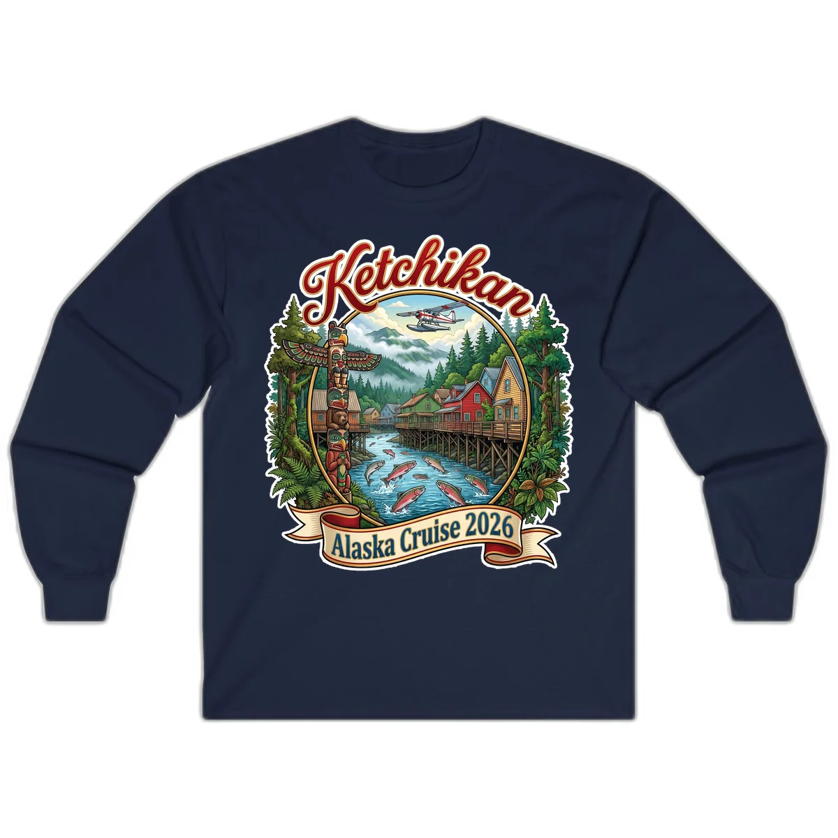 Ketchikan Alaska Cruise 2026 Scenic Illustration Long Sleeve in Navy