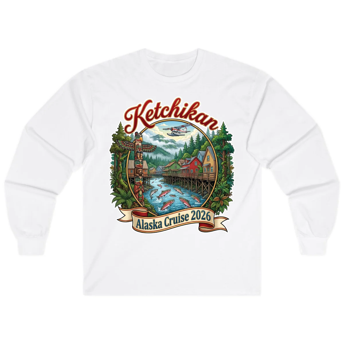 Ketchikan Alaska Cruise 2026 Scenic Illustration Long Sleeve in White