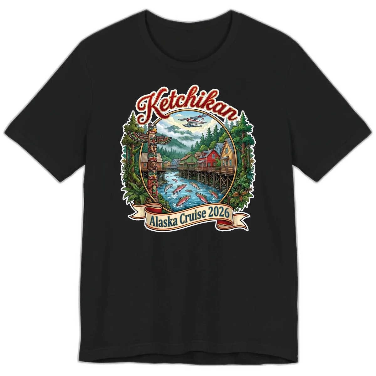Ketchikan Alaska Cruise 2026 Scenic Illustration Premium T-Shirt in Black