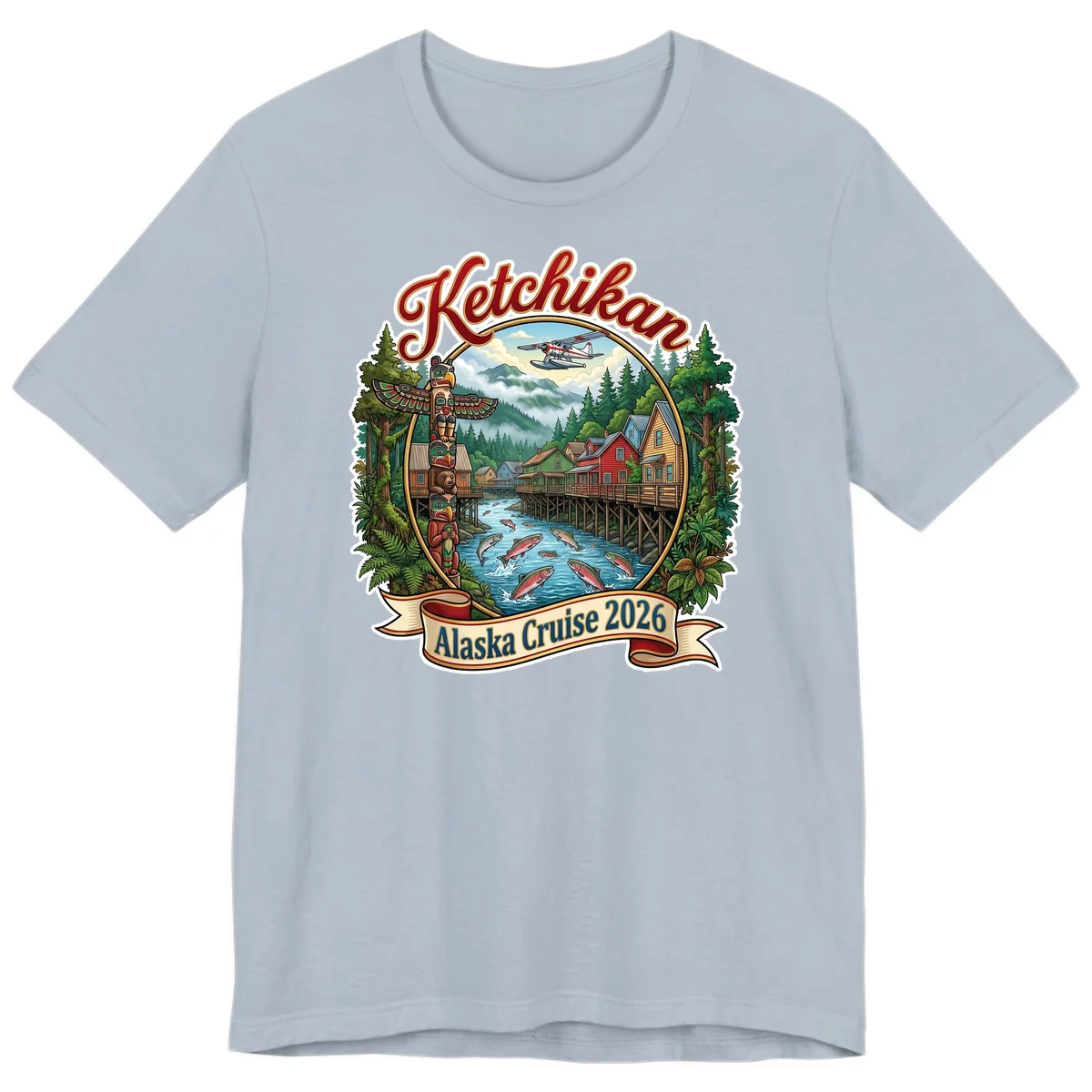 Ketchikan Alaska Cruise 2026 Scenic Illustration Premium T-Shirt in Light Blue