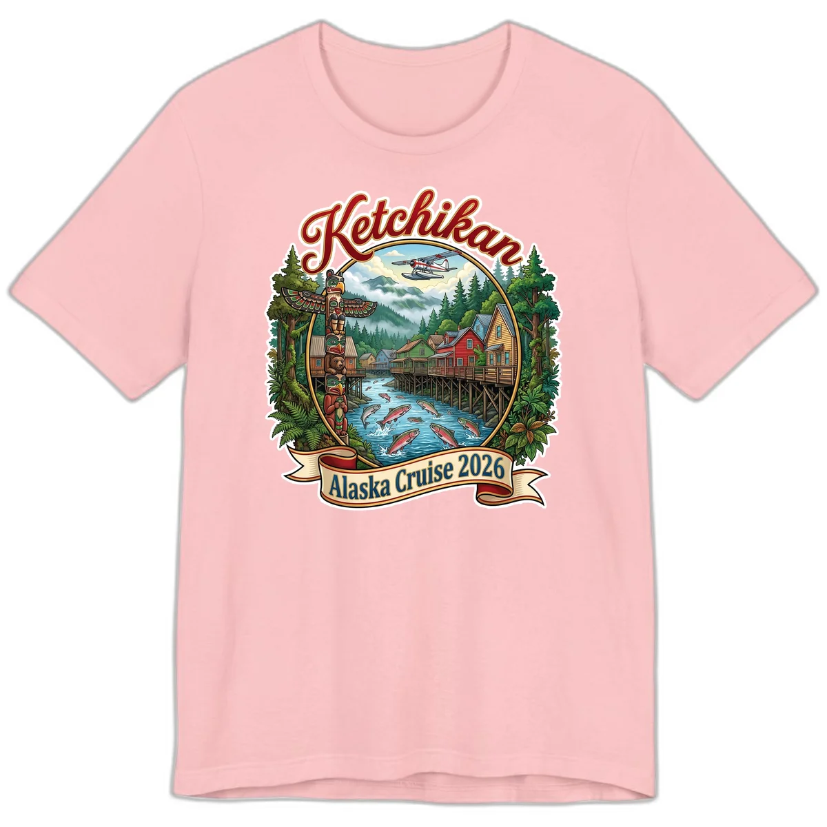 Ketchikan Alaska Cruise 2026 Scenic Illustration Premium T-Shirt in Pink