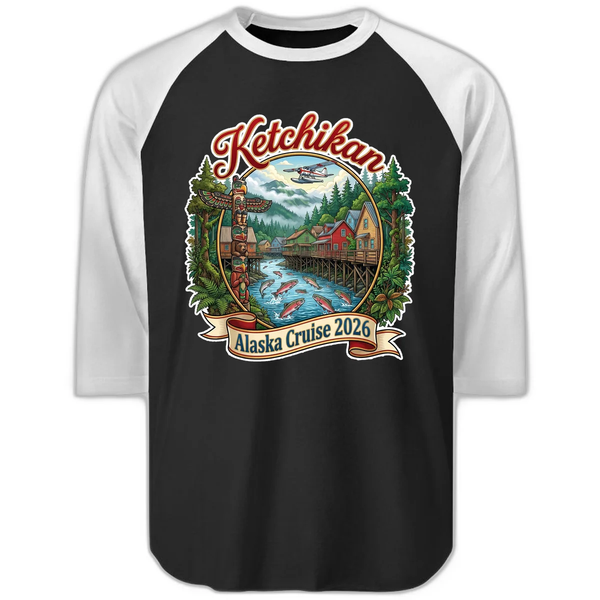 Ketchikan Alaska Cruise 2026 Scenic Illustration Raglan 3/4 Sleeve in Black White