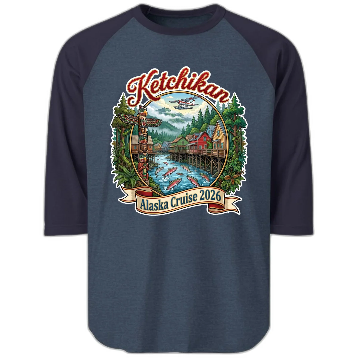 Ketchikan Alaska Cruise 2026 Scenic Illustration Raglan 3/4 Sleeve in Heather Denim Navy