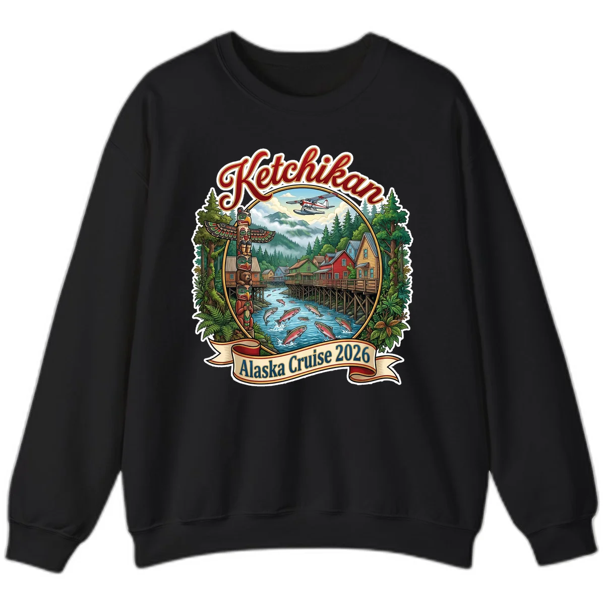 Ketchikan Alaska Cruise 2026 Scenic Illustration Sweatshirt in Black