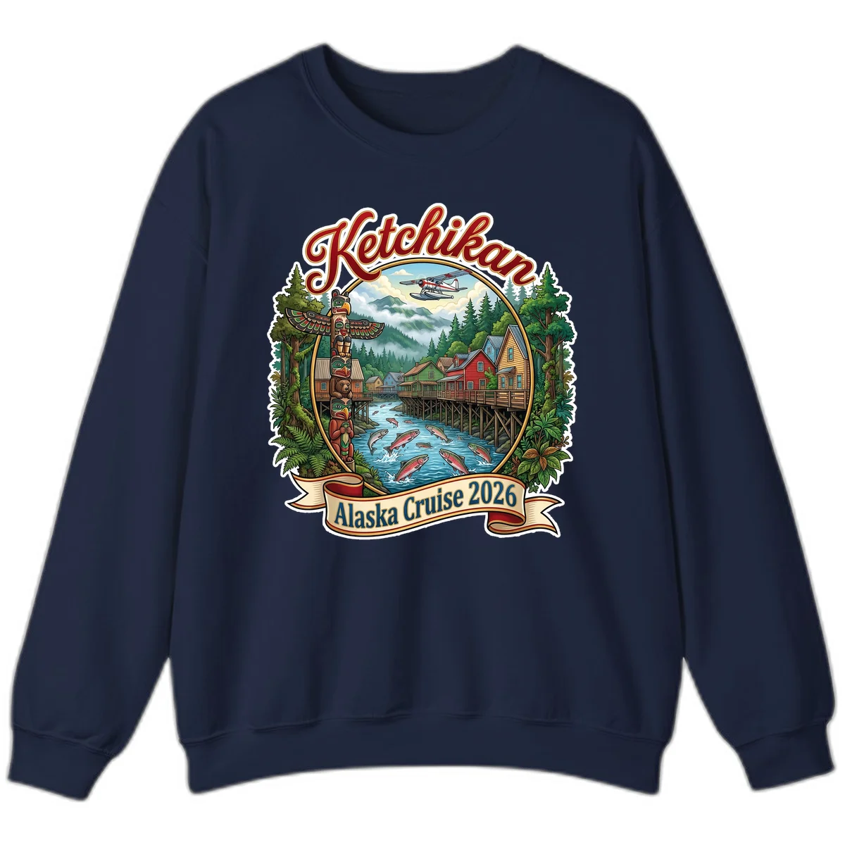 Ketchikan Alaska Cruise 2026 Scenic Illustration Sweatshirt in Navy