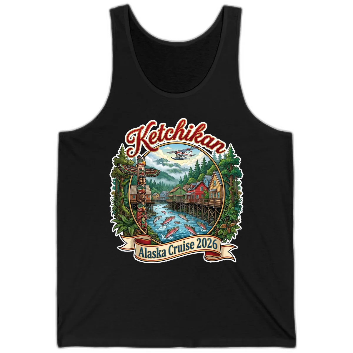 Ketchikan Alaska Cruise 2026 Scenic Illustration Tank Top in Black