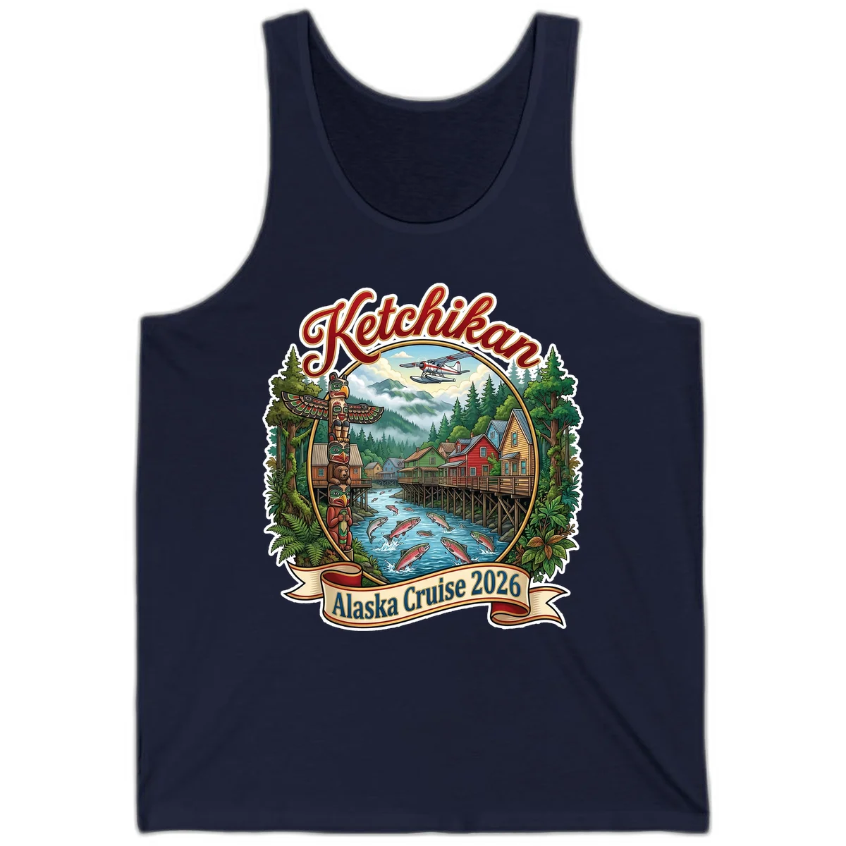 Ketchikan Alaska Cruise 2026 Scenic Illustration Tank Top in Navy