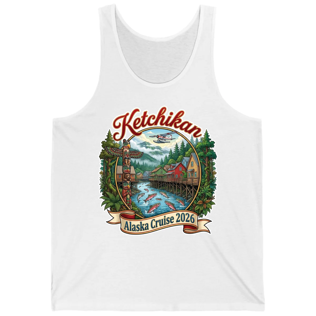 Ketchikan Alaska Cruise 2026 Scenic Illustration Tank Top in White