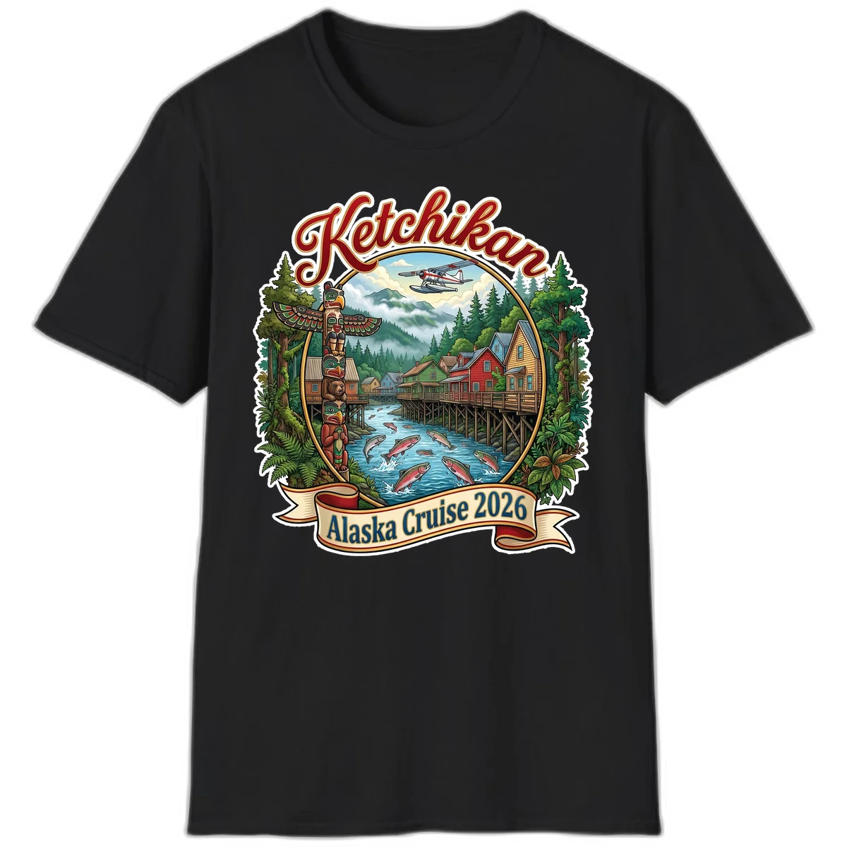 Ketchikan Alaska Cruise 2026 Scenic Illustration T-Shirt in Black