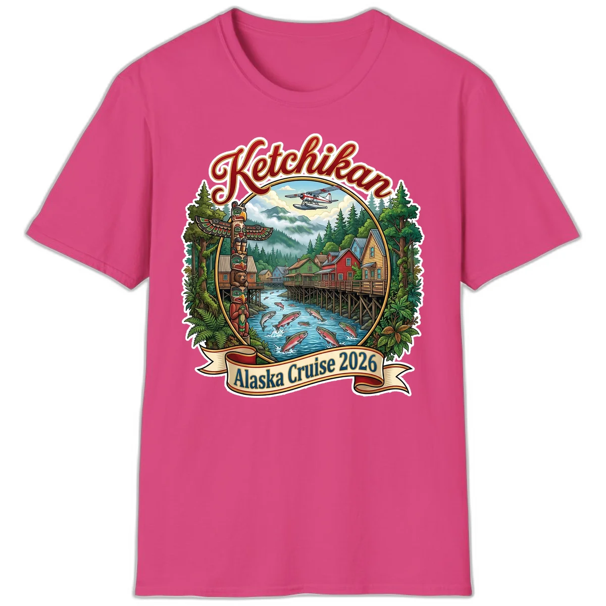 Ketchikan Alaska Cruise 2026 Scenic Illustration T-Shirt in Heliconia