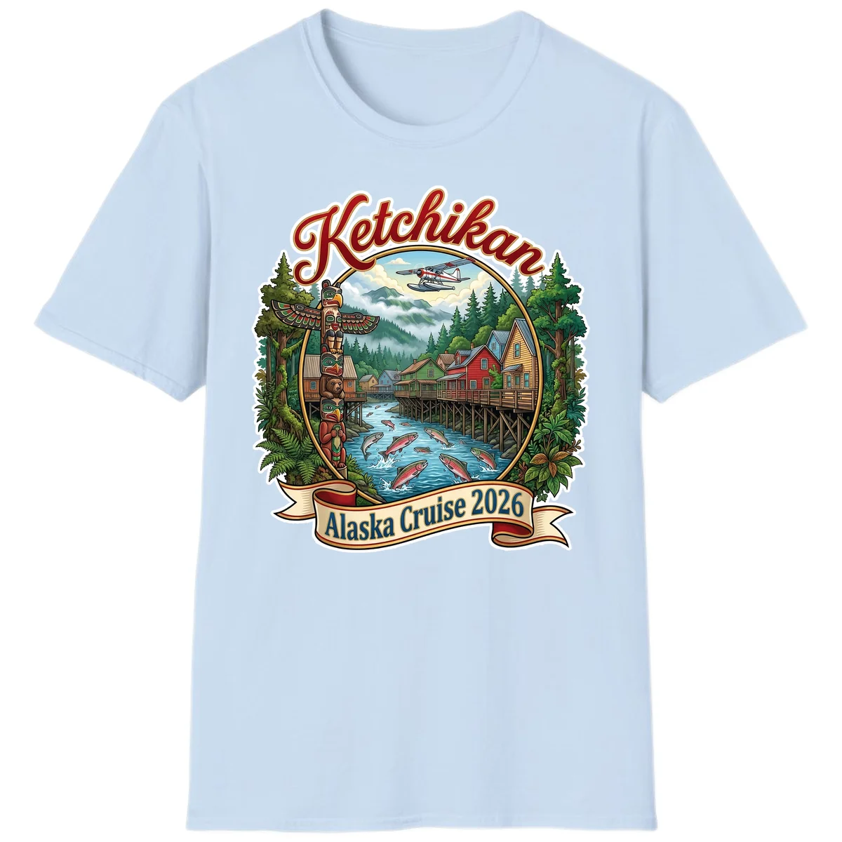 Ketchikan Alaska Cruise 2026 Scenic Illustration T-Shirt in Light Blue