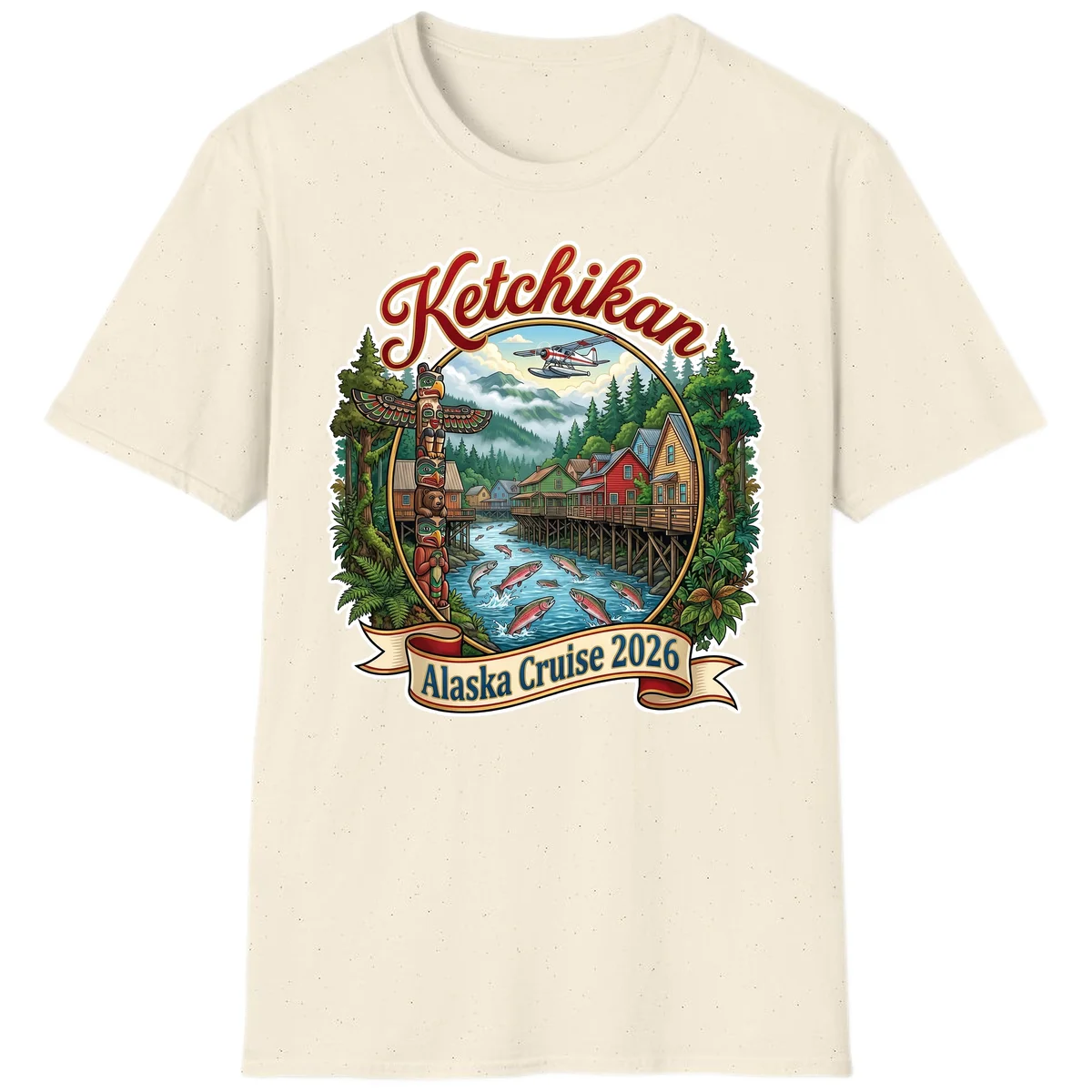 Ketchikan Alaska Cruise 2026 Scenic Illustration T-Shirt in Natural