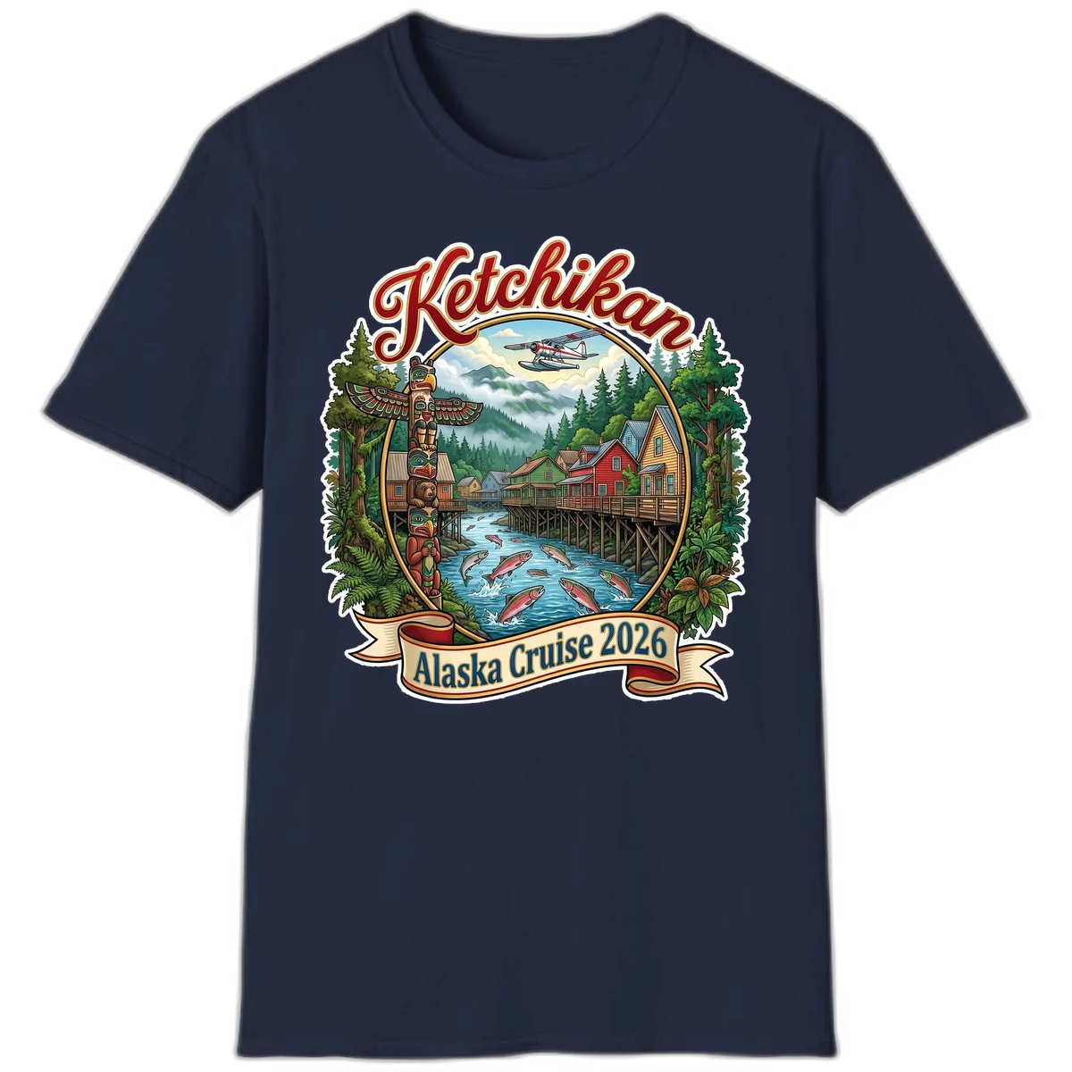 Ketchikan Alaska Cruise 2026 Scenic Illustration T-Shirt in Navy