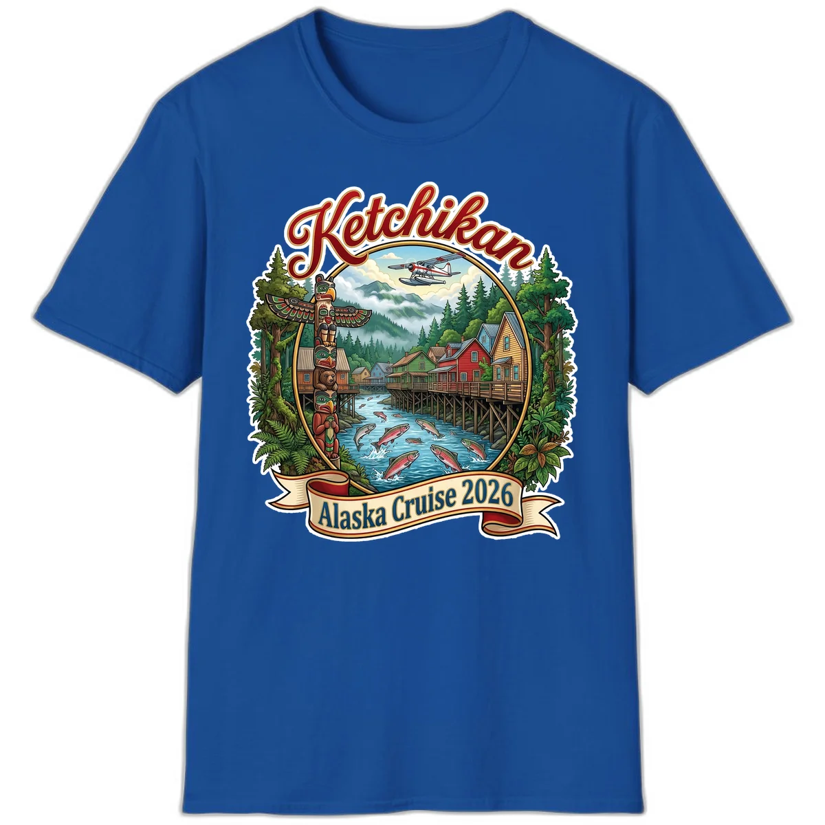 Ketchikan Alaska Cruise 2026 Scenic Illustration T-Shirt in Royal