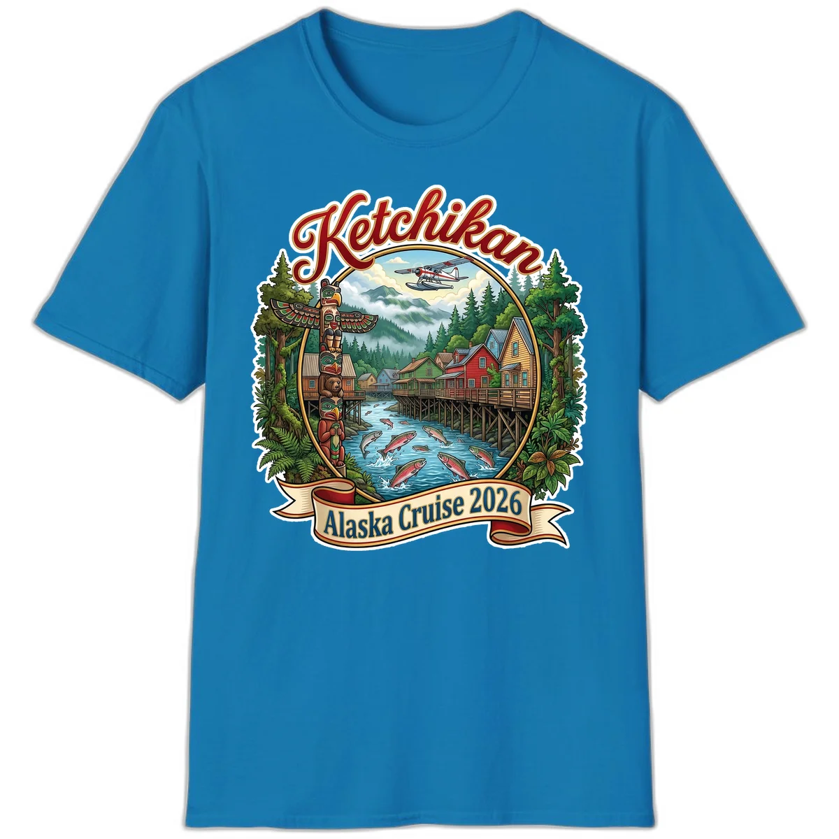 Ketchikan Alaska Cruise 2026 Scenic Illustration T-Shirt in Sapphire