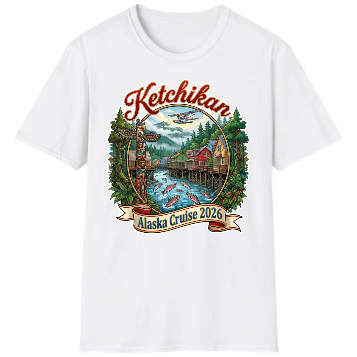 Ketchikan Alaska Cruise 2026 Scenic Illustration T-Shirt in White
