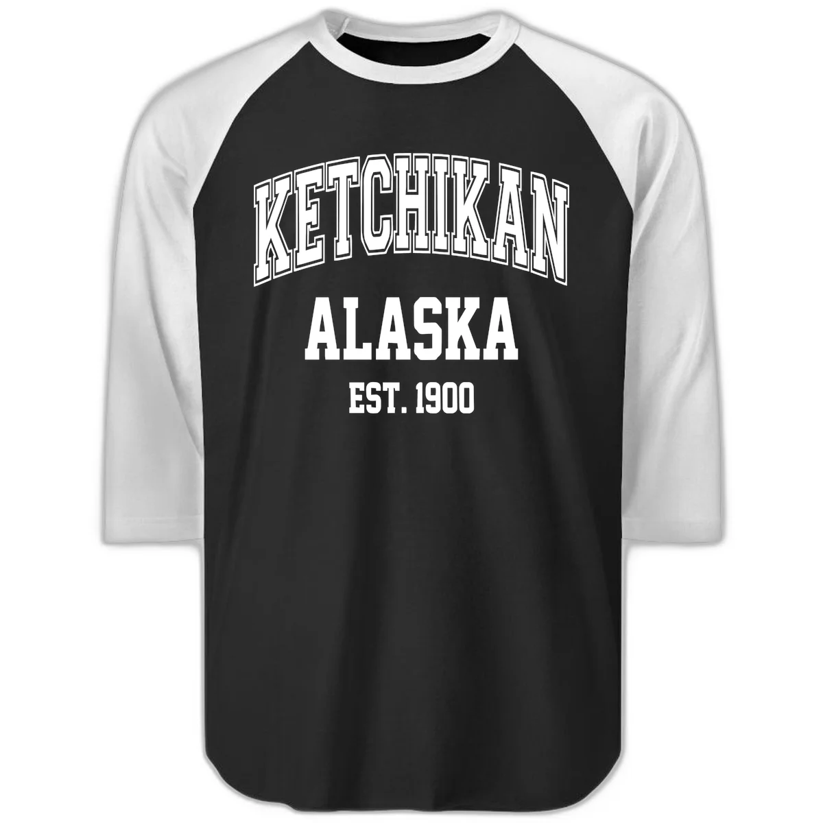 Ketchikan Alaska Est 1900 Raglan 3/4 in Black White