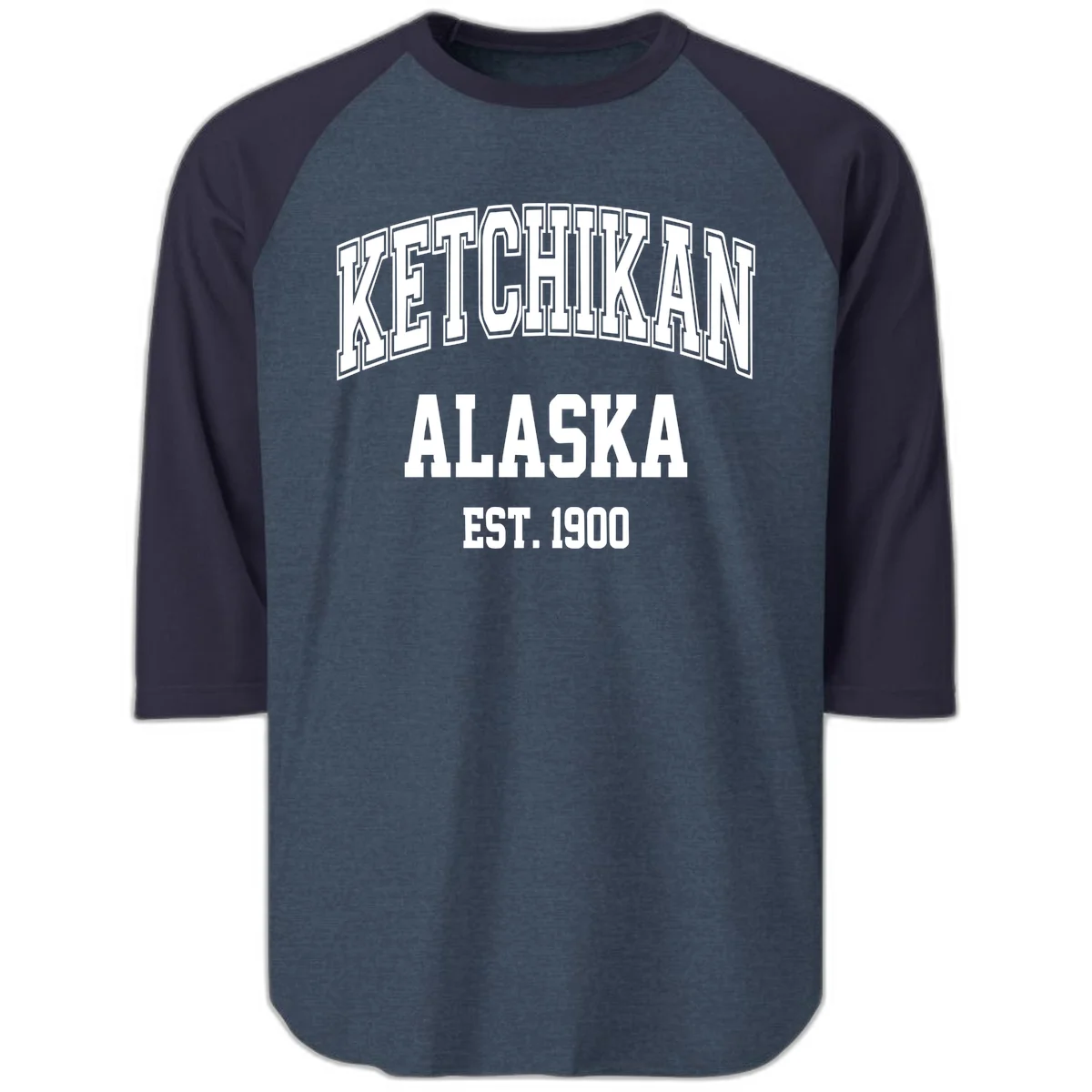 Ketchikan Alaska Est 1900 Raglan 3/4 in Heather Denim Navy