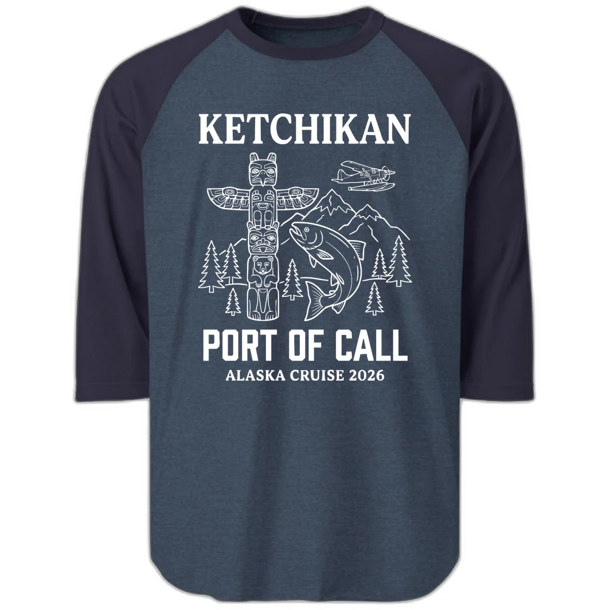 Ketchikan Port Of Call Alaska Cruise Raglan 3/4 in Heather Denim Navy