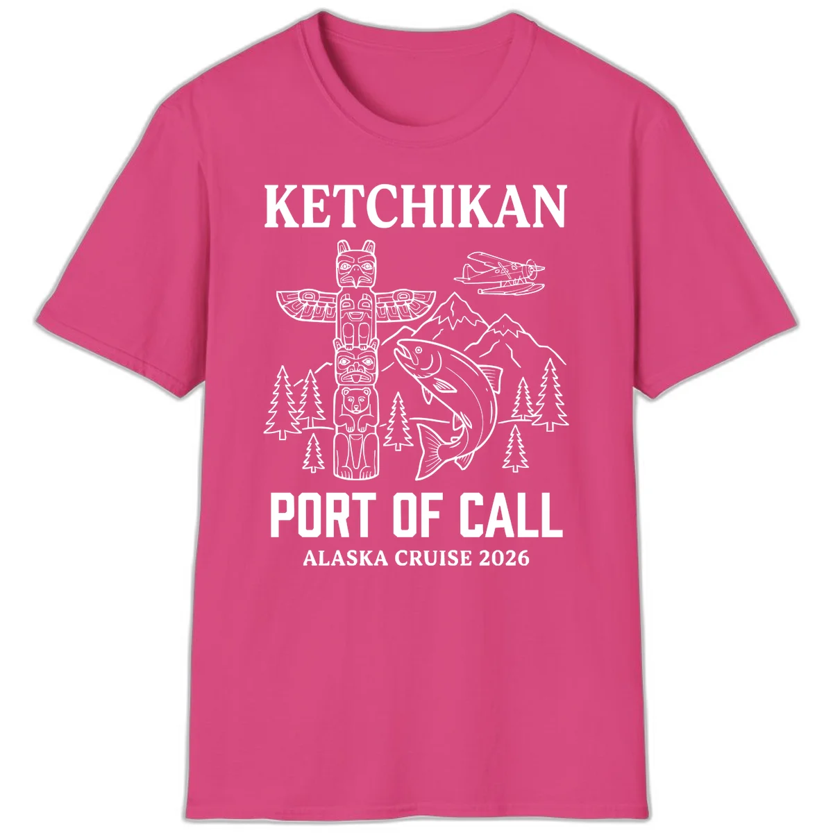 Ketchikan Port Of Call Alaska Cruise T-Shirt in Heliconia
