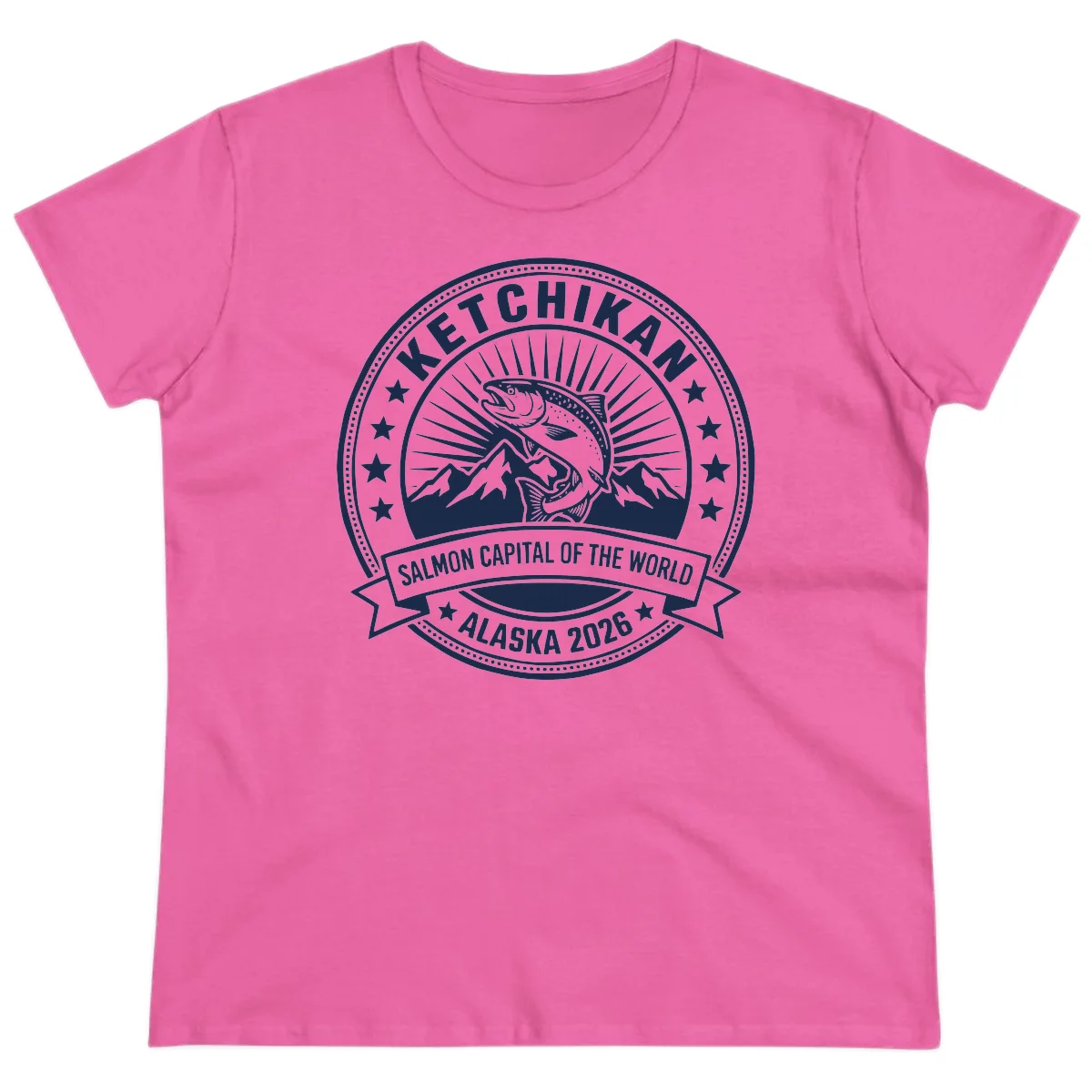 Ketchikan Salmon Capital Badge Ladies Tee in Azalea