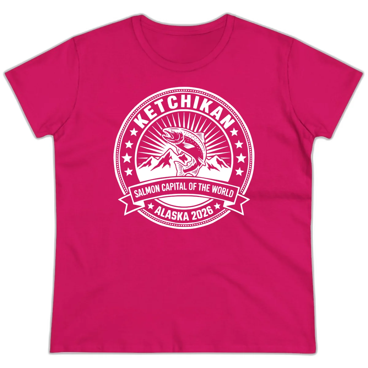 Ketchikan Salmon Capital Badge Ladies Tee in Heliconia