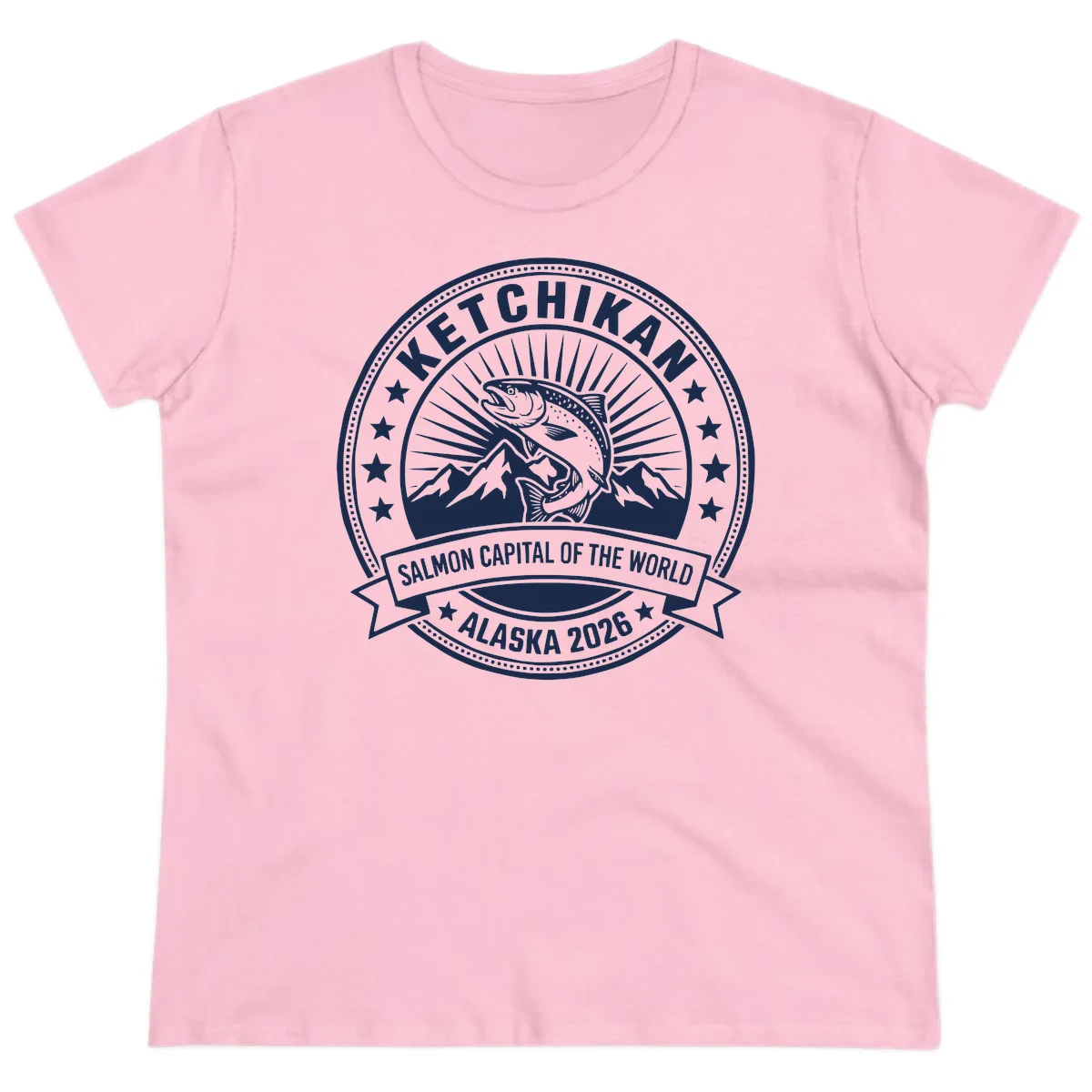 Ketchikan Salmon Capital Badge Ladies Tee in Light Pink