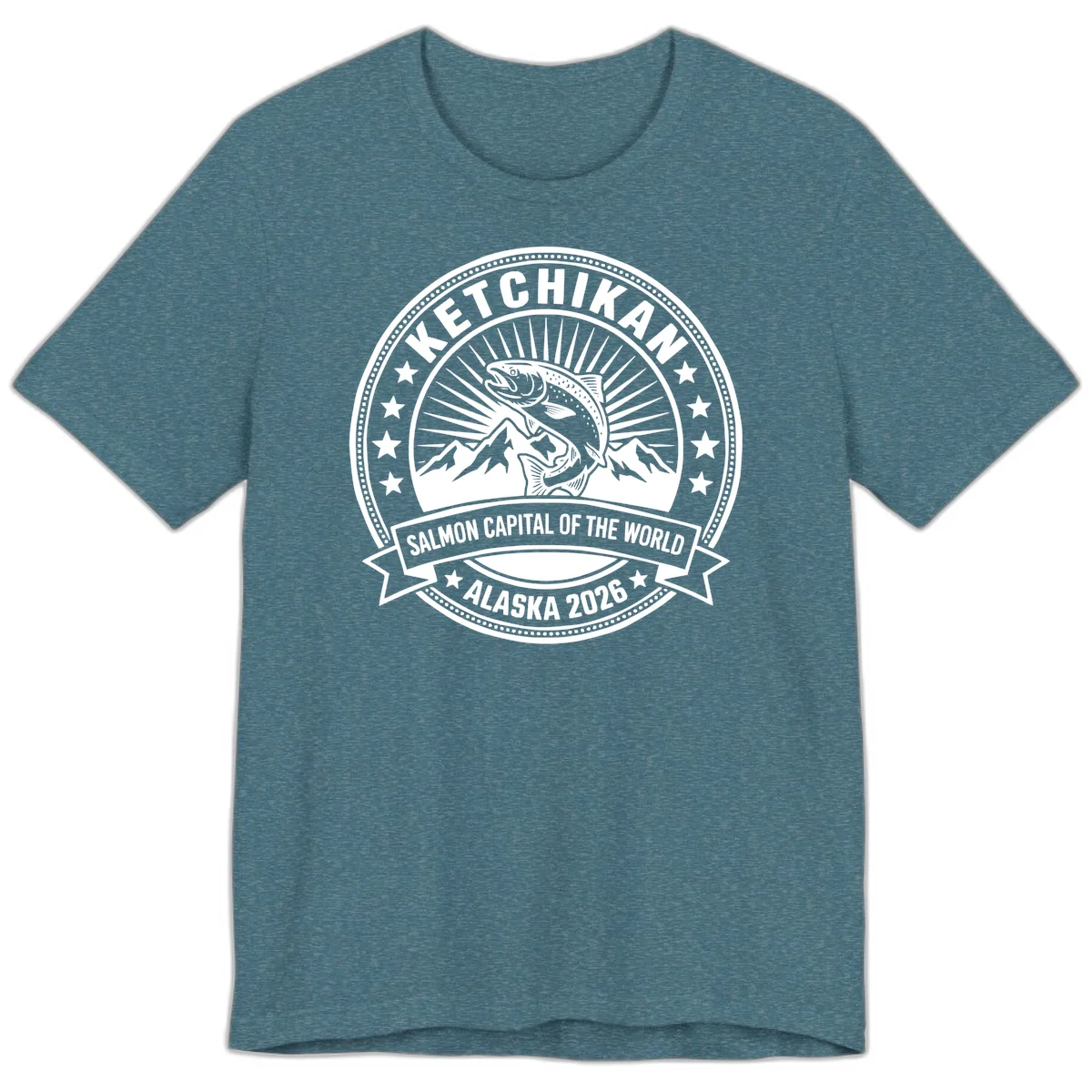 Ketchikan Salmon Capital Badge Premium Tee in Heather Deep Teal