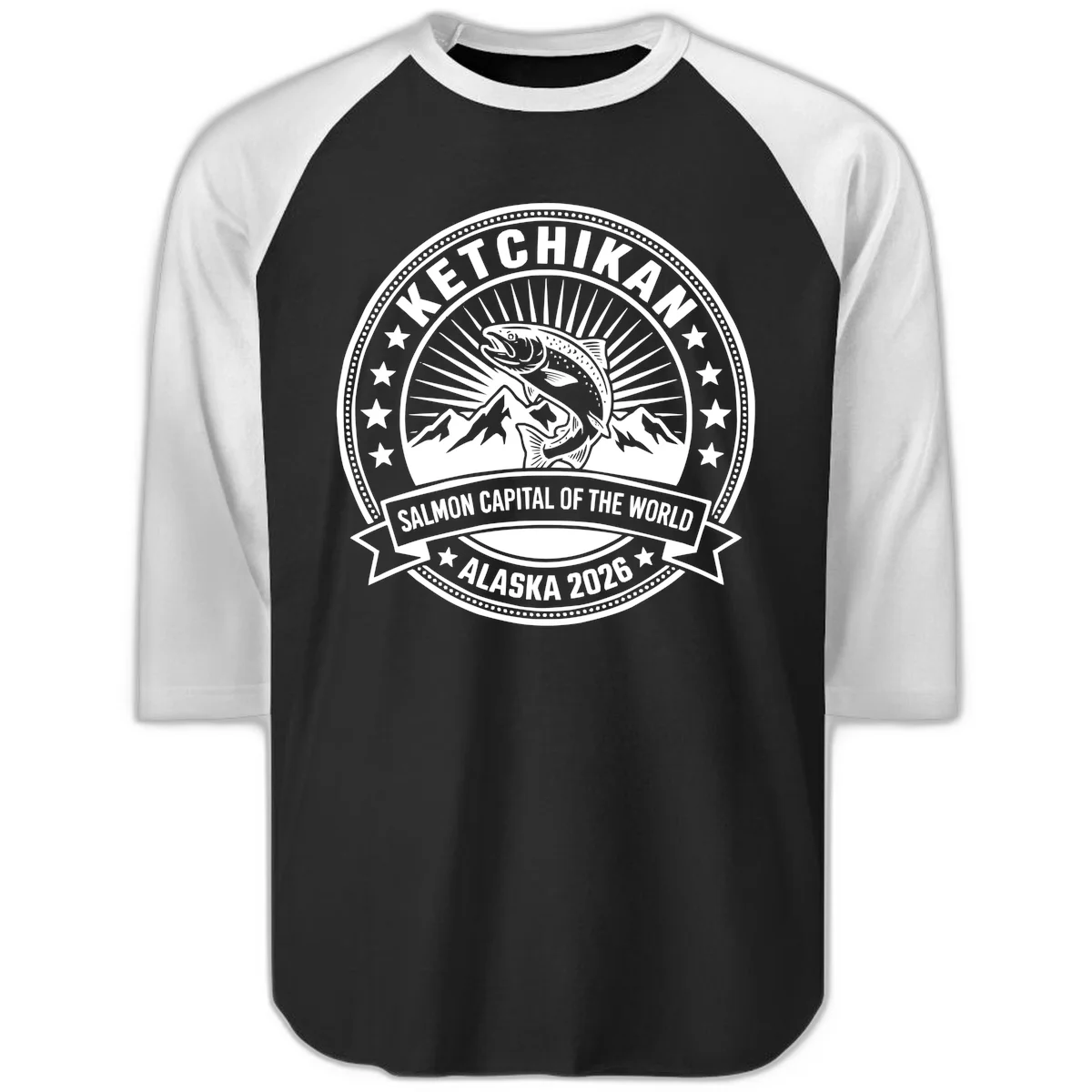 Ketchikan Salmon Capital Badge Raglan 3/4 in Black White