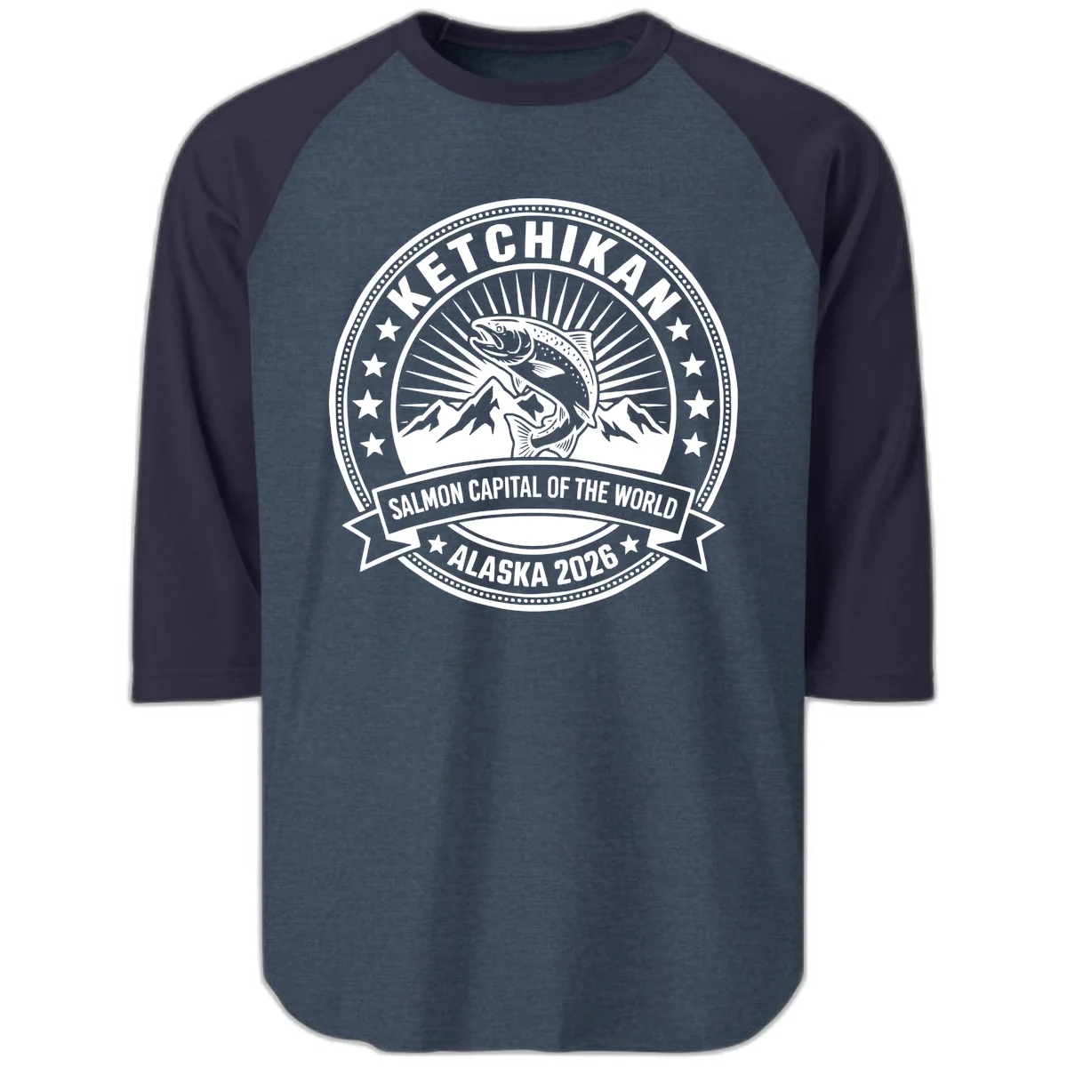 Ketchikan Salmon Capital Badge Raglan 3/4 in Heather Denim Navy