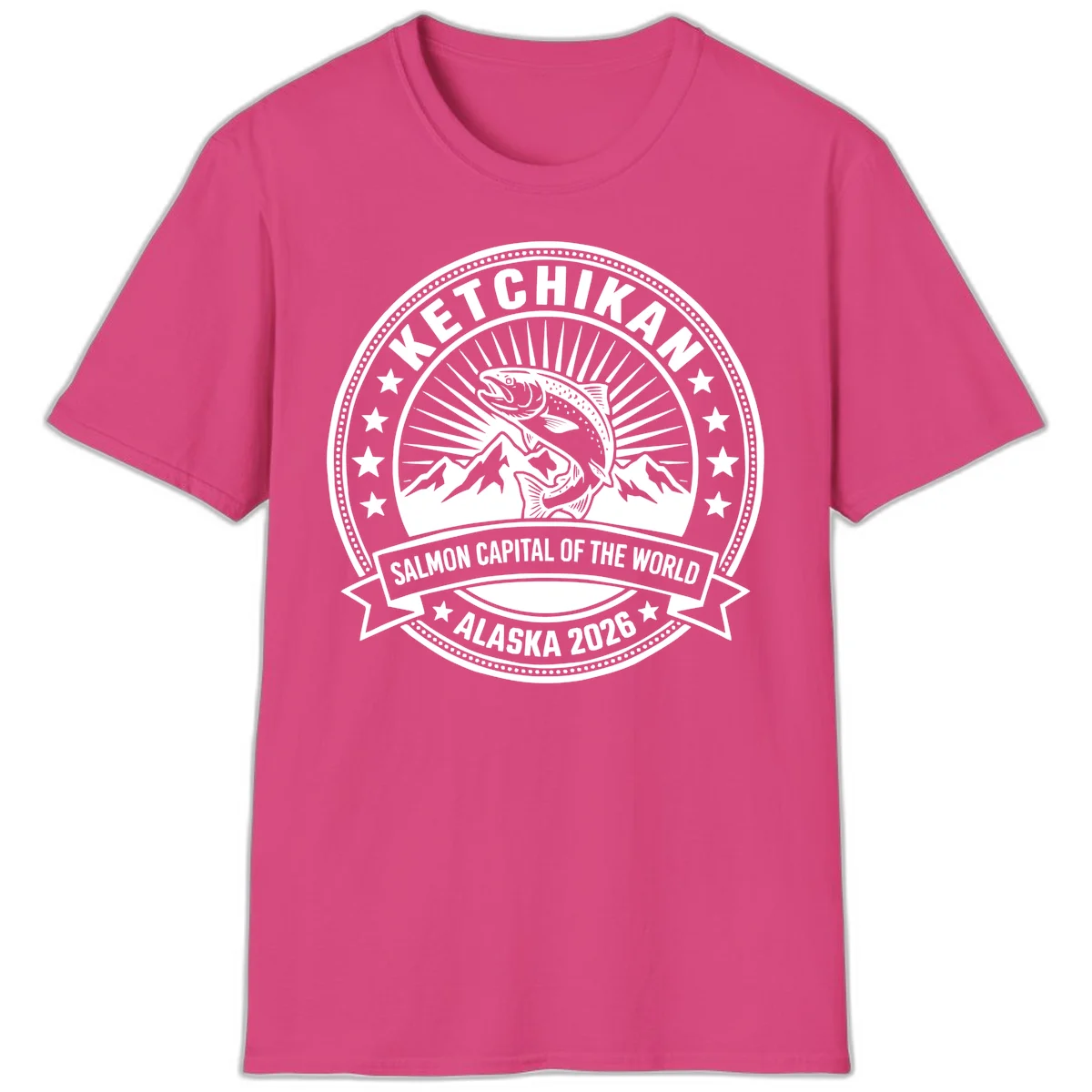 Ketchikan Salmon Capital Badge T-Shirt in Heliconia