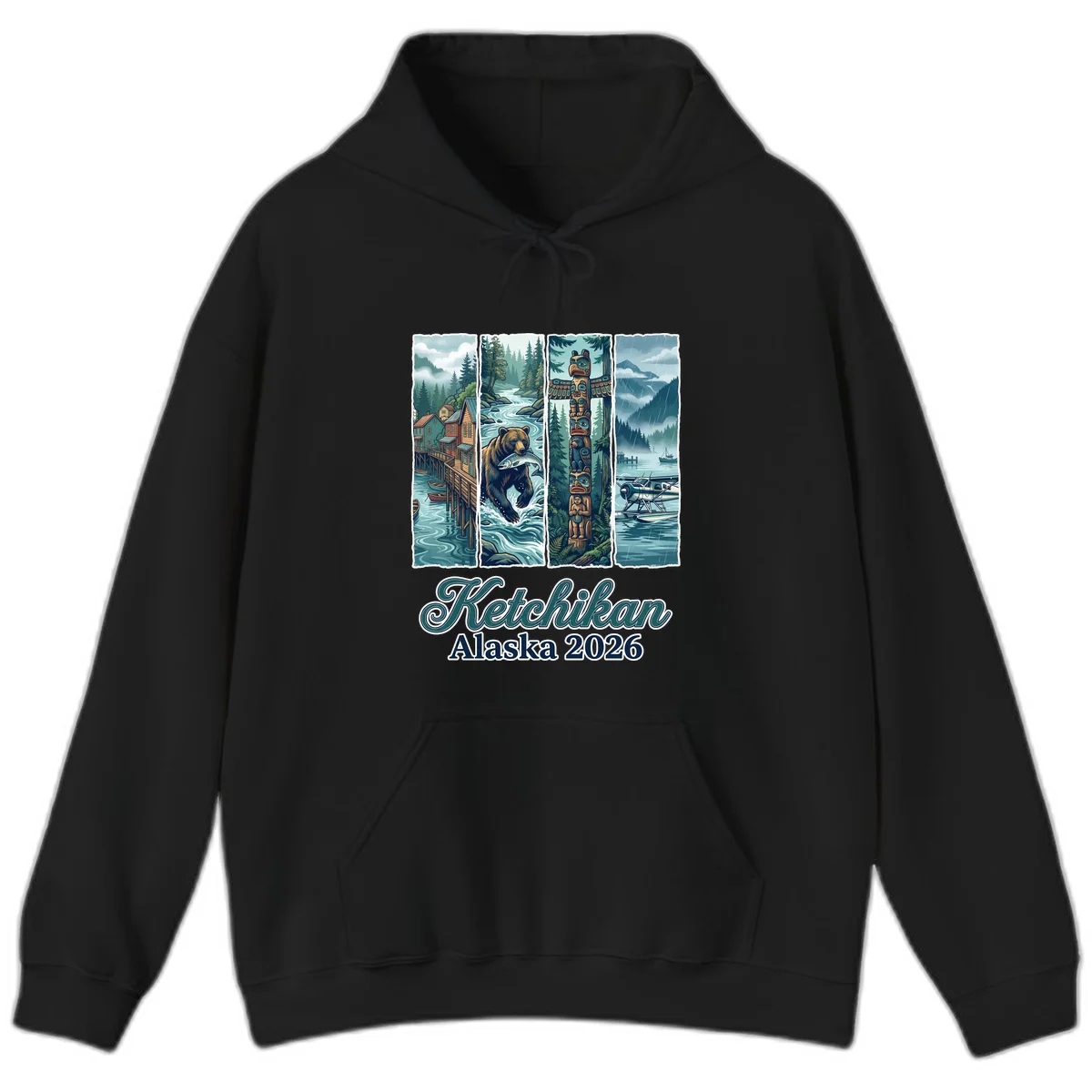 Ketchikan Alaska 2026 Scenic Panel Hoodie in Black