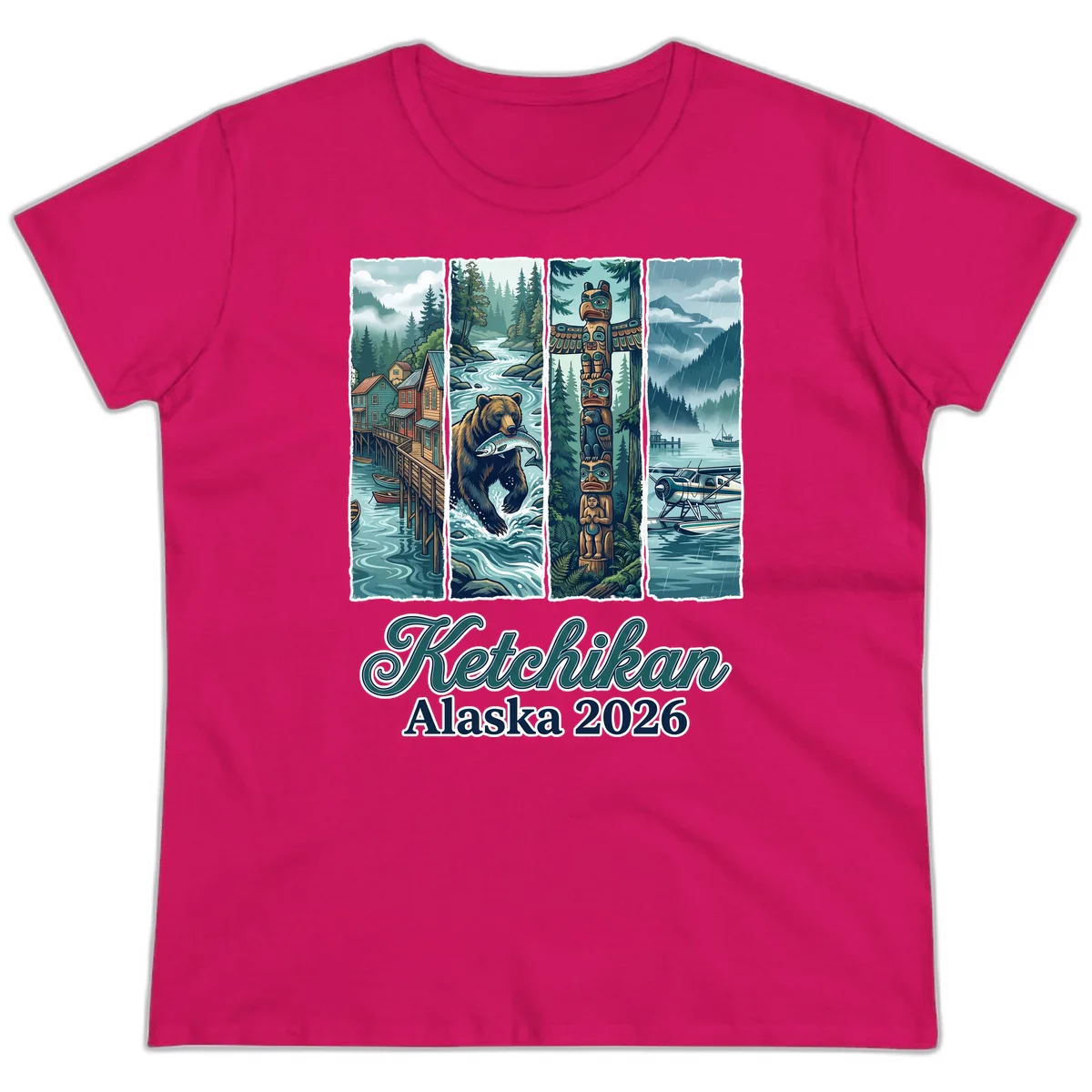 Ketchikan Alaska 2026 Scenic Panel Ladies Tee in Heliconia