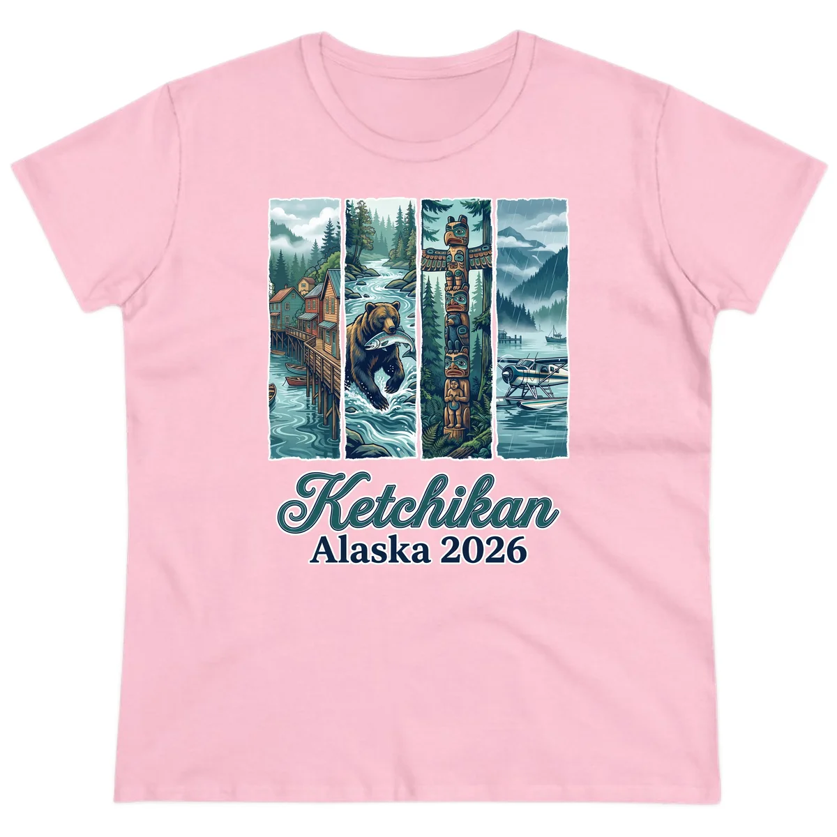Ketchikan Alaska 2026 Scenic Panel Ladies Tee in Light Pink