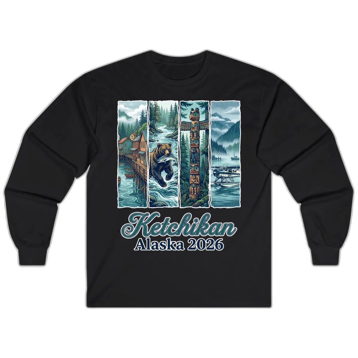 Ketchikan Alaska 2026 Scenic Panel Long Sleeve Tee in Black