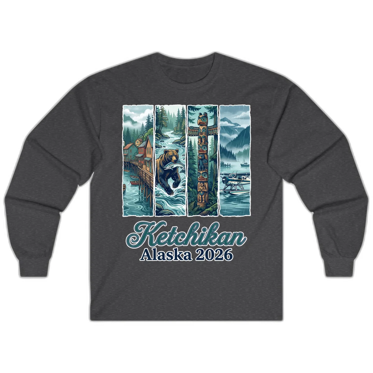 Ketchikan Alaska 2026 Scenic Panel Long Sleeve Tee in Dark Heather